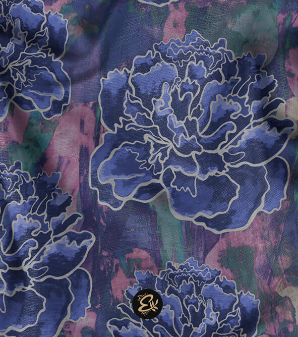 Detalailed floral pattern illustration featuring blue peonies on a textured background.