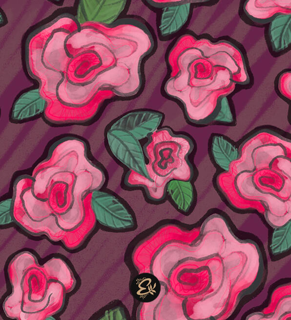Hand Drawn Floral Hand Drawn floral pattern featuring large pink and coral flowers with green leaves on a muted mauve background