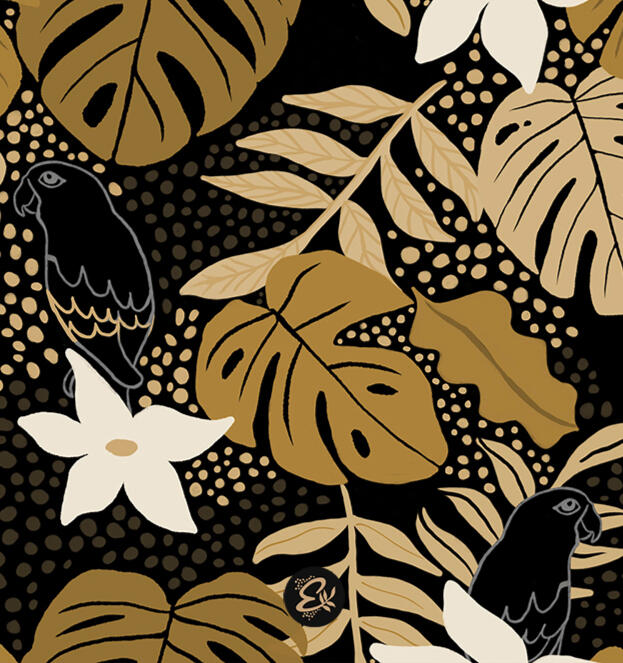 A vibrant seamless design featuring lush tropical leaves and colorful parrots