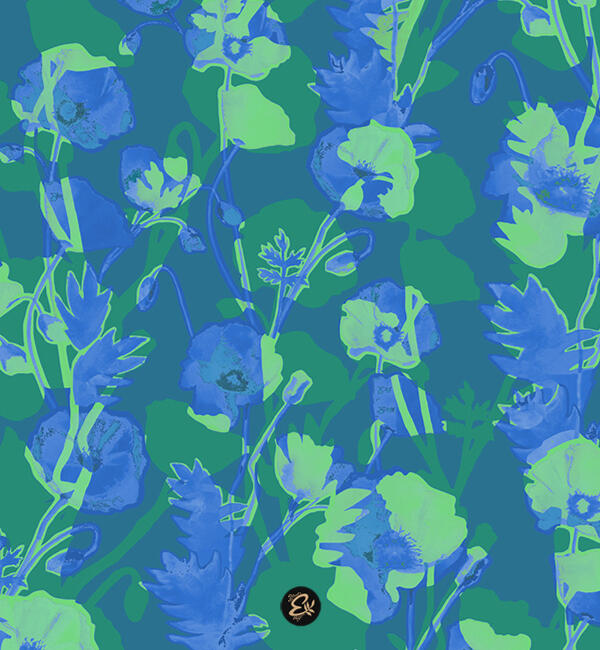 Botanical Pop in Blue and Green Illustration of an abstract botanical pattern featuring stylized flowers in vibrant blue and green tones.
